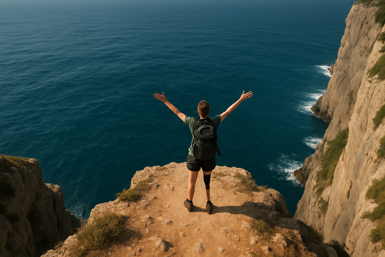 une randonneuse handicapée sur le bord d'une falaise qui contemple l'océan vue du dessus. Elle paraît toute petite face à l'immensité de la mer en contrebas. Elle tend les 2 bras de soulagement car elle se sent enfin libre.